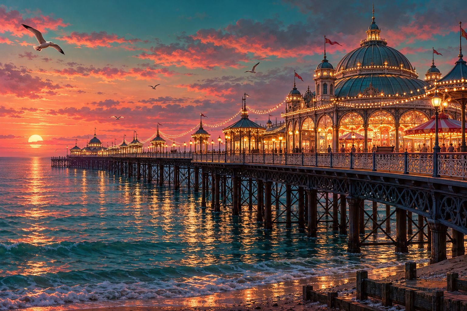 A Victorian seaside pier at sunset with festoon lights and an arcade pavilion